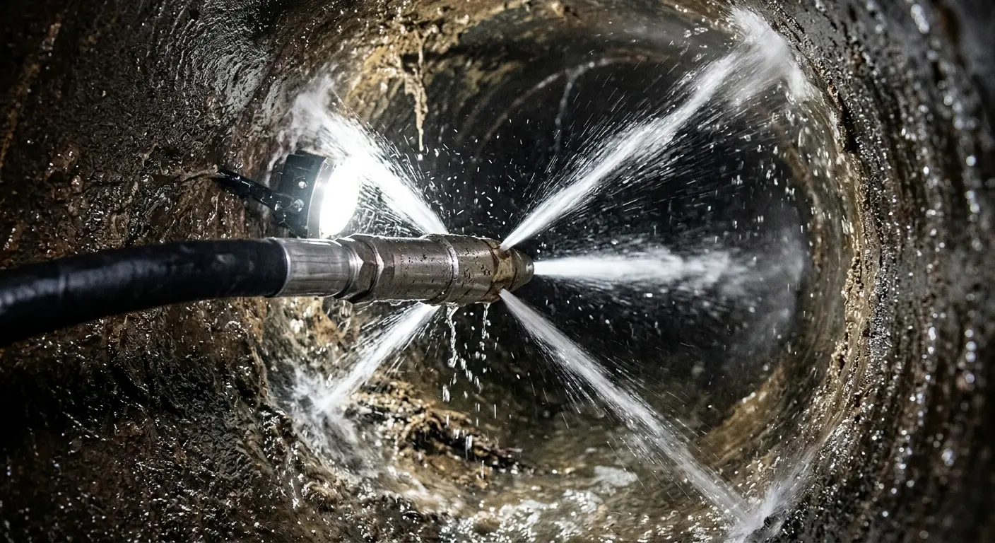 High-pressure hydro jetting nozzle cleaning sewer pipe for Emergency Drain Service in Mabank