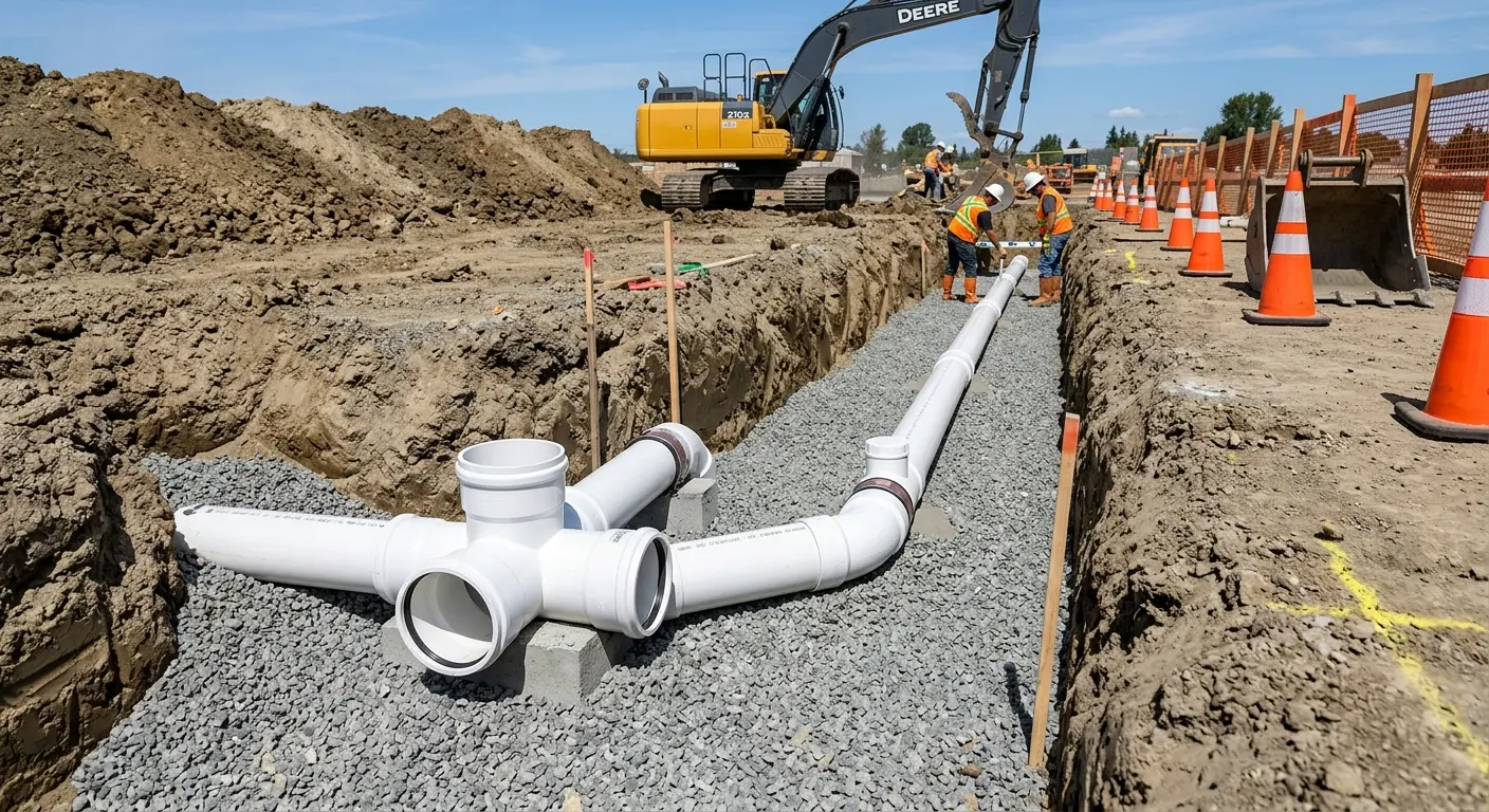 New PVC sewer pipe installation in open trench for Commercial Drain Cleaning in Mabank