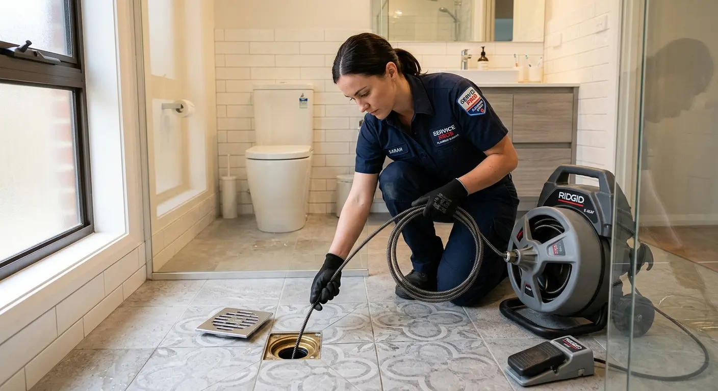 Technician clearing a bathroom floor drain for Drain Repair in Mabank